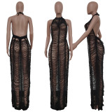 SC Solid Knitted Halter Hollow Out Maxi Dress TR-1150