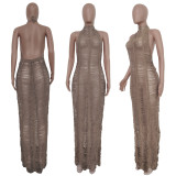 SC Solid Knitted Halter Hollow Out Maxi Dress TR-1150