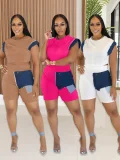 SC Denim Patchwork Short Sleeve Top Shorts Set QYMF-3085
