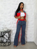 SC Denim Patchwork Color Zipper Top Wide Leg Pants Set QYMF-3074