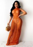 SC Solid Knitted Halter Hollow Out Maxi Dress TR-1150