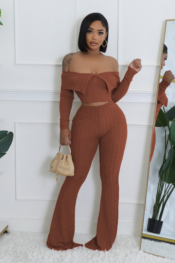 SC Solid Color Off Shoulder Long Sleeve Pants Suit QYMF-3246