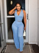 SC Sleeveless Zipper Tops Two Piece Pants Set QYMF-3084