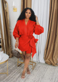SC Solid Color Pleated V Neck Mini Dress QYMF-3058
