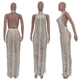 SC Solid Knitted Halter Hollow Out Maxi Dress TR-1150