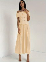SC Off Shoulder Tops Pleated Long Skirts 2 Piece Set QYMF-3247