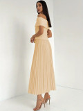 SC Off Shoulder Tops Pleated Long Skirts 2 Piece Set QYMF-3247