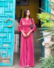 SC Fashion Press Pleated Petal Sleeve Pants Suit GZRF-HY-688