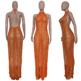 SC Solid Knitted Halter Hollow Out Maxi Dress TR-1150