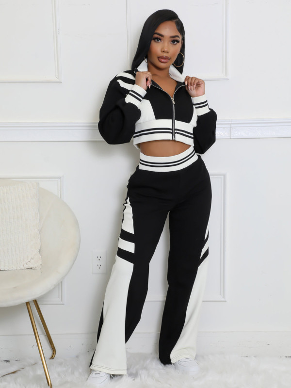 SC High Collar Zipper Patchwork Two Piece Pants Set QYMF-3066