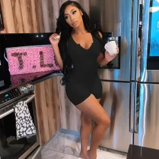 SC Solid Color Knits V Neck Slim Romper QYMF-3134