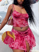 SC Mesh Print Sling Vest Irregular Skirt 2 Piece Set QYMF-7046