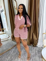 SC V Neck Stripe Knits Tops Shorts Suit QYMF-3090