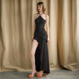SC Solid Color Halterneck Tie Up Split Maxi Dress GSLF-K24D64466