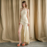 SC Solid Color Halterneck Tie Up Split Maxi Dress GSLF-K24D64466