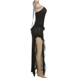 SC Solid Color Halterneck Tie Up Split Maxi Dress GSLF-K24D64466