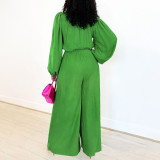 SC Lantern Sleeve Solid Tie Up Wide Leg Jumpsuit YF-20051