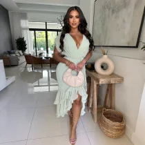 SC Deep V Neck Irregular Tie Up Midi Dress CYA-901879