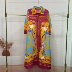 SC Loose Lapel Vintage Print Long Dress GZRF-KH-0092