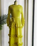 SC Pleated Bubble Sleeve Solid Color Midi Dress GZRF-KH-0009