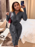 SC Long Sleeve V Neck Pleated Midi Dress HNIF-3211