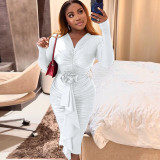 SC Long Sleeve V Neck Pleated Midi Dress HNIF-3211