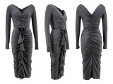 SC Long Sleeve V Neck Pleated Midi Dress HNIF-3211