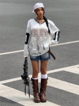 SC Print Lace See Through V Neck Sweatshirt YWXS-K25L162