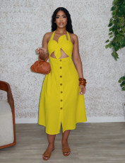 SC Plus Size Solid Color Twisted Neck Tie Midi Dress NY-11088