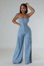 SC Fashion Wrap Chest Denim Straight Jumpsuit LX-6998