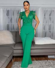 SC Lace Patchwork Sleeveless Wide Leg Jumpsuit OSM-4476