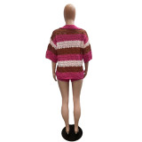 SC Striped Sweater Short Sleeve Two Piece Shorts Set QXTF-83011