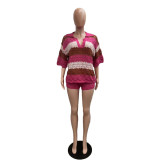 SC Striped Sweater Short Sleeve Two Piece Shorts Set QXTF-83011