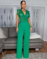 SC Lace Patchwork Sleeveless Wide Leg Jumpsuit OSM-4476