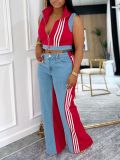 SC Sleeveless Patchwork Stripe Denim 2 Piece Pants Set AIL-322