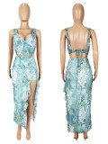 SC Mesh Print Sleevelsss Vest Split Skirts 2 Piece Set SHD-9624