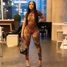 SC Print Short Sleeve Mesh Jumpsuit SHD-9707