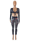 SC Mesh Print Long Sleeve Slim Two Piece Pants Set SHD-9722