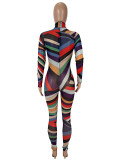 SC Colorful Print Long Sleeve Mesh Jumpsuit SHD-9732