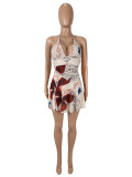 SC Mesh Print Halterneck Tops Two Piece Skirts Set SHD-9772