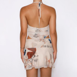 SC Mesh Print Halterneck Tops Two Piece Skirts Set SHD-9772