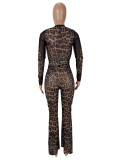 Leopard Print Long Sleeve Two Piece Pants Set SHD-9729