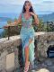 SC Mesh Print Sleevelsss Vest Split Skirts 2 Piece Set SHD-9624