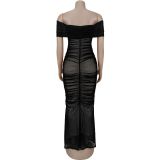 SC Mesh Pleated Off Shoulder Maxi Dress BY-7406