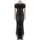 SC Mesh Pleated Off Shoulder Maxi Dress BY-7406