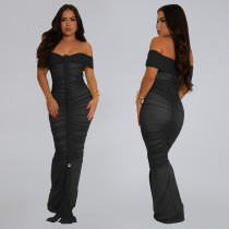 SC Mesh Pleated Off Shoulder Maxi Dress BY-7406