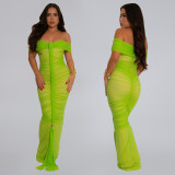 SC Mesh Pleated Off Shoulder Maxi Dress BY-7406