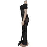 SC Mesh Pleated Off Shoulder Maxi Dress BY-7406