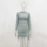 SC Solid Color Long Sleeve Drawstring Mini Dress JHYB-9077