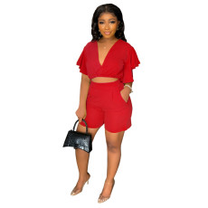 SC Casual Solid Color V Neck Two Piece Shorts Set GMYU-5019